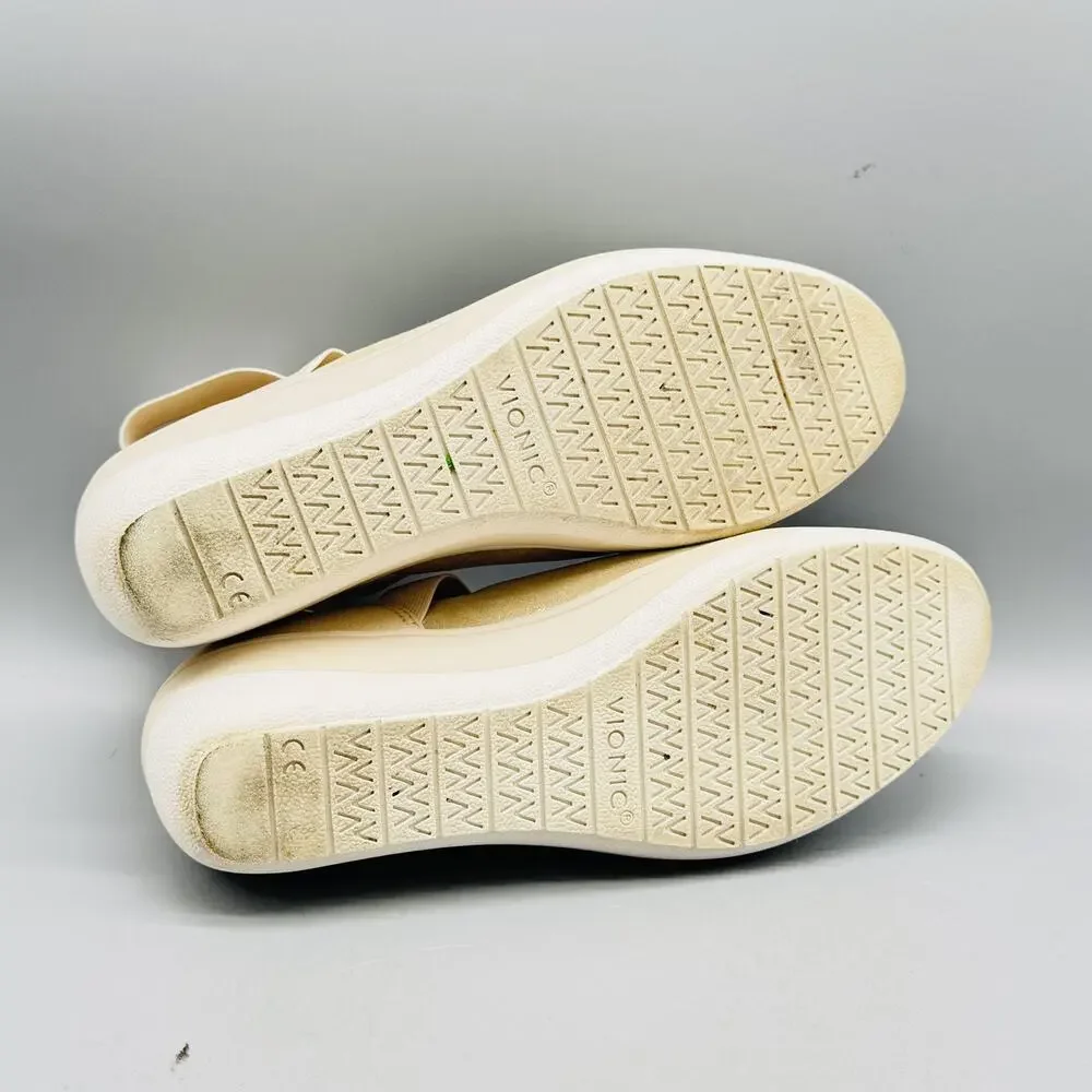 Vionic Shoes Women 6 Beige Leather Ellery Mary Jane Wedge Comfort Flats Orthotic